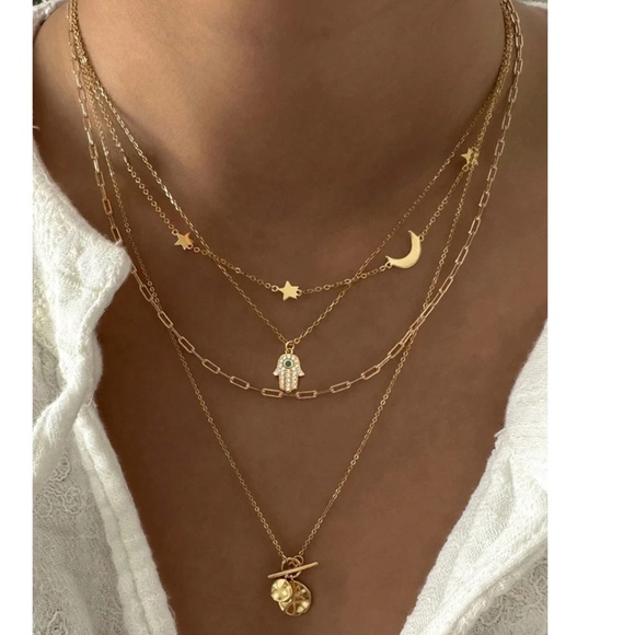 Luxe Gold Tone Dainty Star Moon Hamsa Multilayer Necklace - Picture 1 of 3